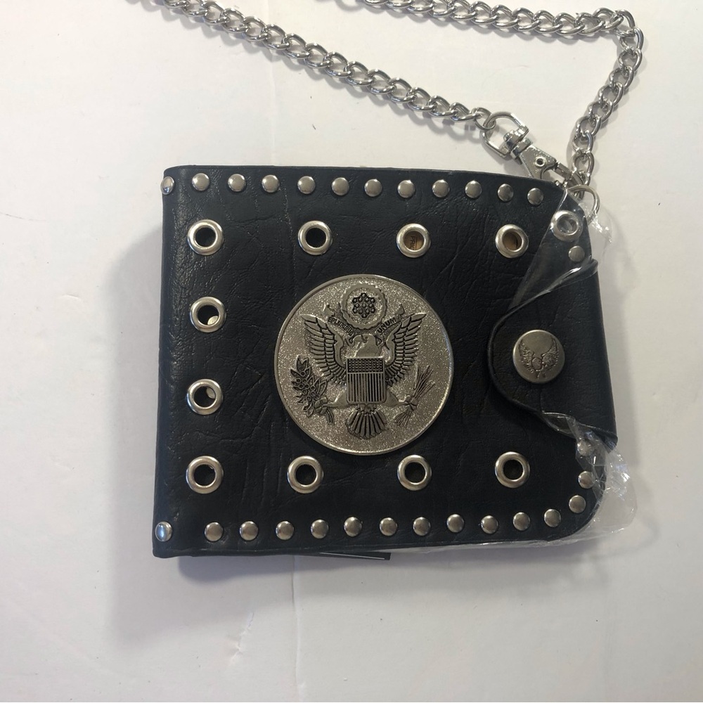 0023 leather wallet, black studded grommet medallion